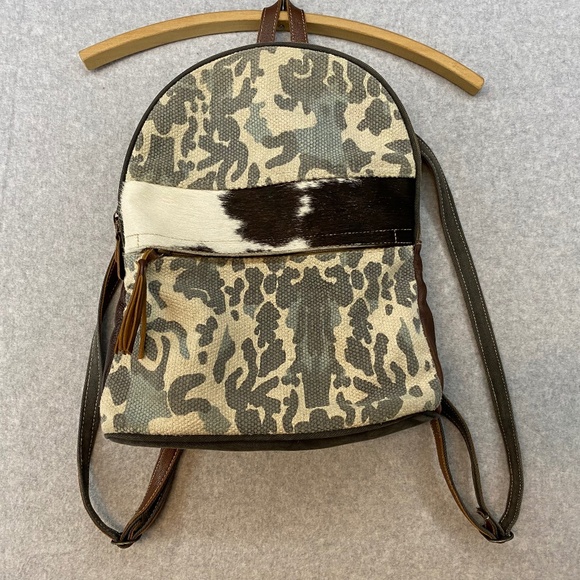 Myra Hair On Hide Backpack Leather Canvas Multifabric Adjustable Straps - Picture 1 of 16